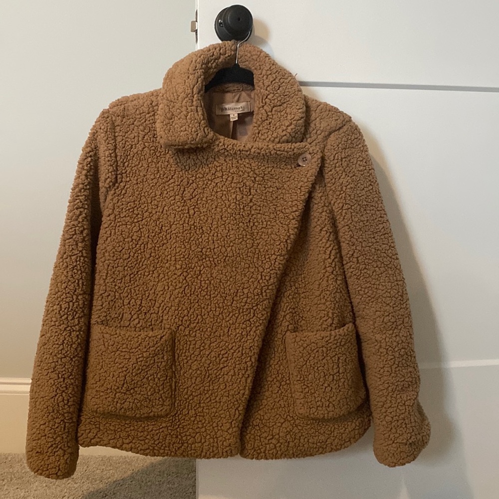 Philosophy teddy jacket with pockets and collar; gently used, size S
